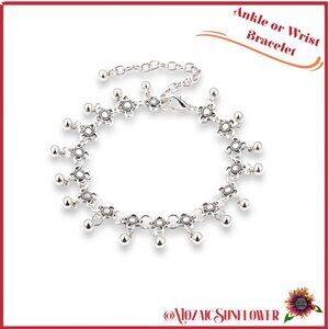 Silver Carved Anklet or Bracelet Water Drop Daisy Tassels With Bells